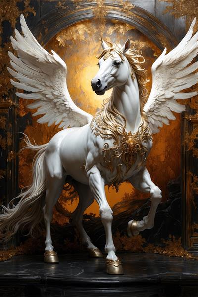 تصویر اسب تک‌شاخ افسانه‌ای با بال‌های بزرگ و تزئینات زرین برای چاپ روی روتختی، پرده و پوستر دیواری اتاق کودک