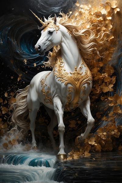 پوستر دیواری هنری اسب بالدار سفید در میان گلبرگ‌های طلایی معلق برای دکوراسیون رمانتیک اتاق خواب و سالن زیبایی