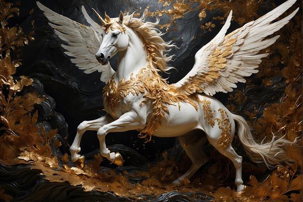 طرح اسب سفید اساطیری با پوشش طلا در حال تاختن میان ذرات نور مناسب برای کاغذ دیواری سه بعدی پذیرایی و دفتر کار