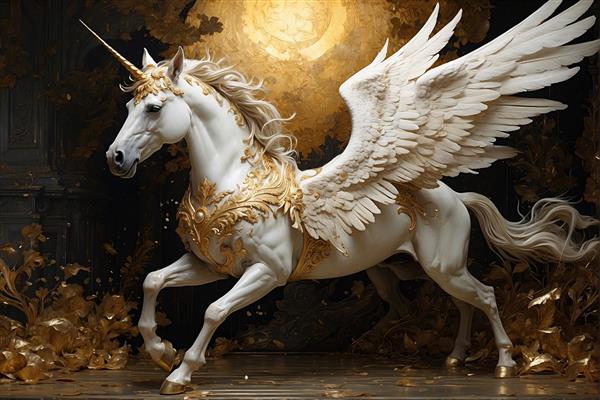 تصویر هنری اسب تک شاخ افسانه‌ای با بال‌های گشوده و تزئینات طلا برای چاپ روی بوم و تابلو دیواری اتاق خواب و لابی