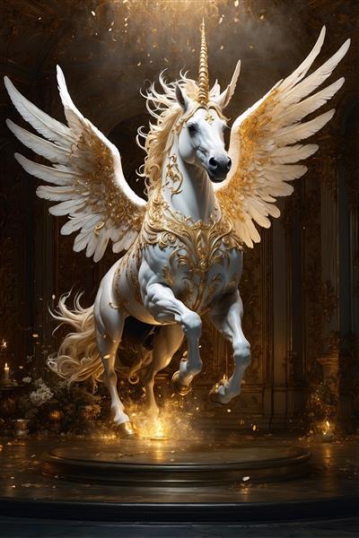 طرح عمودی اسب تک شاخ بالدار (پگاسوس) با زره طلایی در فضای رویایی مناسب پوستر دیواری اتاق کودک و نوجوان و پرده چاپی