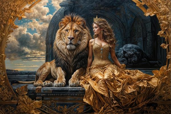 پوستر دیواری لاکچری طرح ملکه و شیر در قصر طلایی با جزئیات اساطیری ویژه دکوراسیون پذیرایی، تالار پذیرایی و لابی هتل