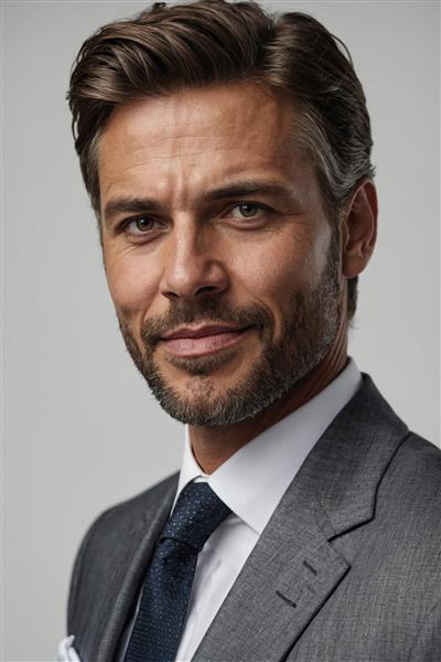 پرتره مرد میانسال با کت و شلوار خاکستری و استایل بیزینس کلاسیک مناسب چاپ روی قاب دکوراتیو اتاق مدیر عامل و دفتر کار لوکس