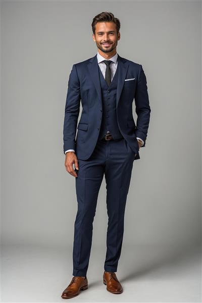 عکس باکیفیت مرد جوان با کت و شلوار سورمه‌ای رسمی مناسب برای بنرهای تبلیغاتی، پوستر مغازه خیاطی و پوشاک مردانه