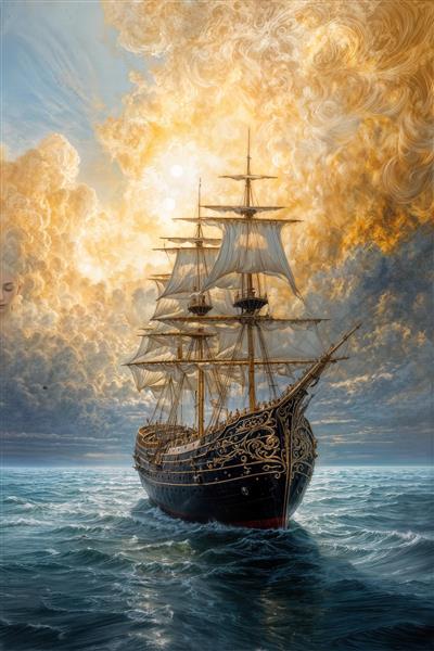 طرح گرافیکی کشتی قدیمی روی آب‌های آبی و آسمان ابری ویژه پوستر دیواری اتاق کودک، راهرو و فضاهای مسکونی