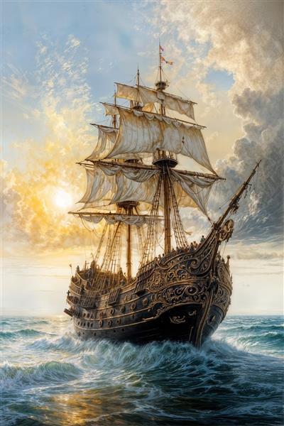 تصویر کشتی بادبانی کلاسیک با جزئیات طلایی در اقیانوس آرام برای پوستر دیواری عمودی و دکوراسیون لابی هتل و رستوران