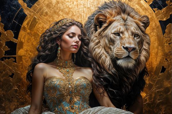 طرح رمانتیک پوستر دیواری ملکه و شیر در پس‌زمینه طلایی خورشید برای اتاق خواب لوکس و سالن‌های زیبایی بانوان