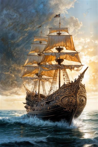 پوستر دیواری منظره کشتی بادبانی قدیمی در دریای مواج و نور خورشید مناسب برای دکوراسیون ویلا، اتاق کار و دفتر کار