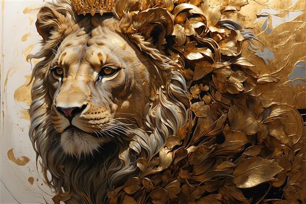 تصویر باکیفیت شیر در میان شاخ و برگ‌های طلایی برای پوستر دیواری لاکچری و چاپ روی پارچه و روتختی اتاق خواب مستر