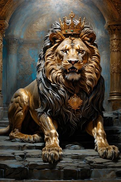 پوستر سه بعدی شیر طلایی روی پله‌های سنگی در عمارت باشکوه مناسب برای دیوار اصلی پذیرایی و تالارهای مجلل