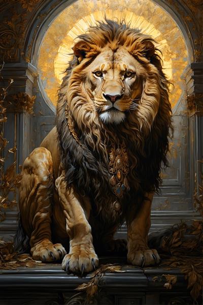 پوستر دیواری کلاسیک شیر در محراب سنگی با نورپردازی خورشیدی مناسب برای راهروها، لابی و پشت میز پذیرش شرکت‌ها