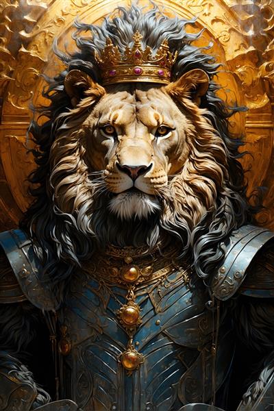 طرح خاص شیر پادشاه با زره سلطنتی و تاج مرصع برای پوستر دیواری عمودی و تابلوهای بزرگ در هتل‌ها و رستوران‌های مجلل