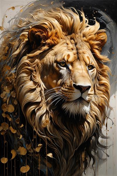 تصویر گرافیکی سر شیر با یال‌های پریشان و تزئینات لوکس مناسب برای قاب دکوراتی، چاپ روی پرده و روتختی اتاق خواب