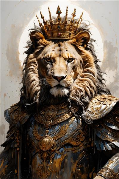 پوستر دیواری شوالیه شیر با زره جنگی طلایی و نقره‌ای طرحی فانتزی و خاص برای اتاق نوجوان، گیم‌نت و کلکسیونرهای هنری