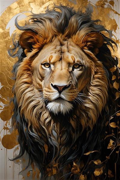 نقاشی هنری و مدرن چهره شیر با افکت ورق طلا ویژه چاپ روی بوم، کوسن و پوستر دیواری اتاق خواب بزرگسال و نشیمن