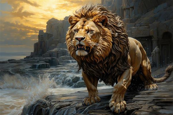 طرح پوستر دیواری منظره شیر در ساحل صخره‌ای و غروب خورشید برای دکوراسیون ویلا، سالن ورزشی و محیط‌های آرامش‌بخش