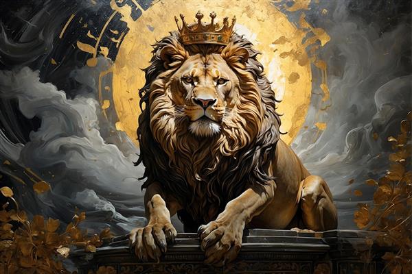 پوستر دیواری سه بعدی شیر با تاج پادشاهی در پس‌زمینه خورشید تابان مناسب برای دیوار پشت میز مدیریت و سالن کنفرانس