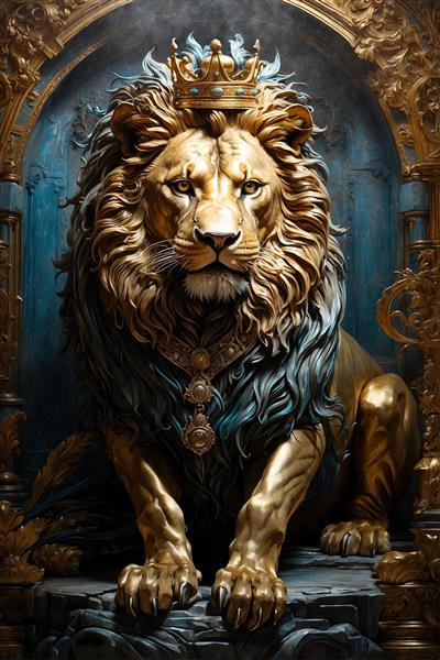 تصویر باکیفیت شیر طلایی تاج‌دار بر فراز صخره سنگی برای چاپ روی پوستر سه بعدی و تابلو دکوراتیو اتاق کار و فضای اداری