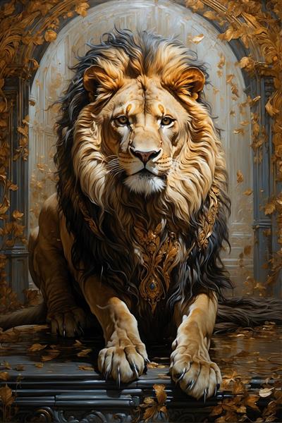 طرح عمودی پوستر دیواری لاکچری شیر سلطنتی با یال‌های بلند و تزئینات طلایی ویژه نصب در سالن‌های تشریفات و لابی هتل