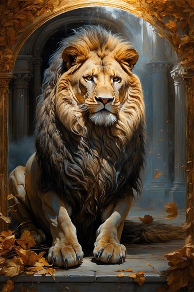 پوستر دیواری کلاسیک طرح شیر نشسته در ایوان عمارت قدیمی با برگ‌های پاییزی مناسب دکوراسیون پذیرایی و دفتر مدیریت لوکس