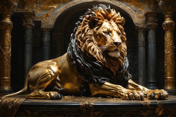 پوستر لوکس شیر نشسته بر سکوی مرمرین سیاه و طلا، انتخابی بی‌نظیر برای دیوارپوش پشت کاناپه و دکوراسیون داخلی مدرن