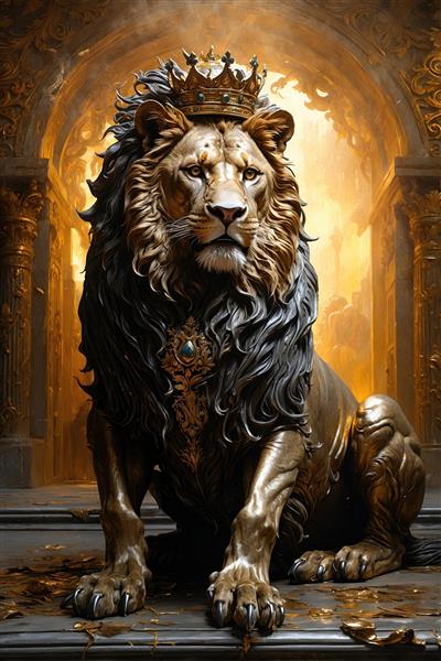 طرح پادشاه جنگل با تاج و شنل در میان ستون‌های سنگی، ویژه چاپ پوستر دیواری سه بعدی برای اتاق نوجوان و فضاهای بازی (گیم‌نت)