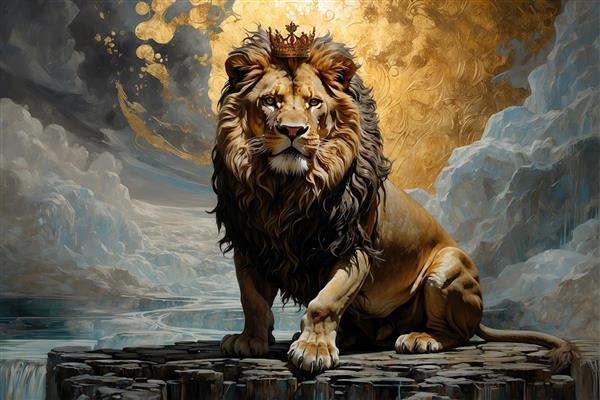 منظره سوررئال شیر بر روی صخره‌های یخی و پس‌زمینه طلایی، انتخابی مدرن برای پوستر دیواری ویلاهای کوهستانی و هتل‌های ییلاقی