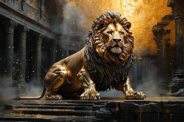 پوستر سه بعدی شیر طلایی غول‌آسا در میان گرد و غبار تالار نیمه‌تاریک، مناسب برای دیوار پشت تلویزیون و محیط‌های ورزشی و بدنسازی