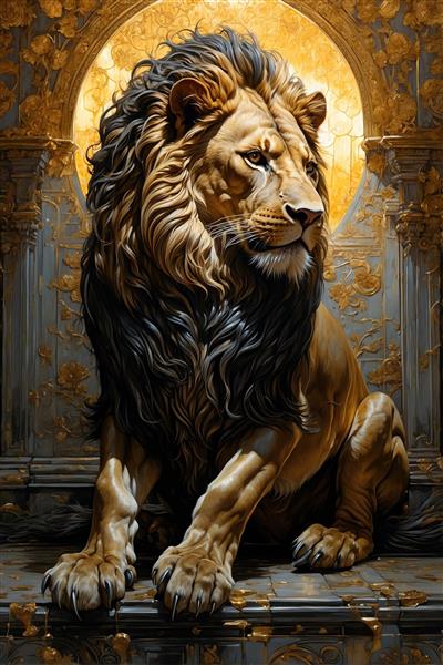 تصویر شیر نشسته درگاه طلایی با پس‌زمینه خورشیدی، طرحی آرام‌بخش و با ابهت برای کاغذ دیواری اتاق نشیمن و دفتر کار شخصی