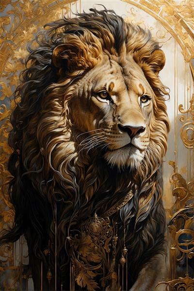 پرتره هنری شیر با یال‌های در هم تنیده و تزیینات اسلیمی، ایده‌آل برای چاپ روی کوسن، شال مبل و پوسترهای دیواری هنری نشیمن