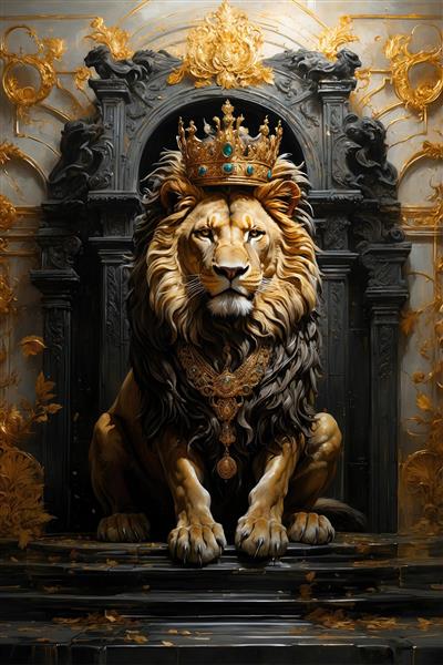طرح عمودی شیر پادشاه بر روی پلکان سیاه و طلایی، ویژه پوستر دیواری راهروهای لوکس، اتاق خواب مستر و مزون‌های خاص