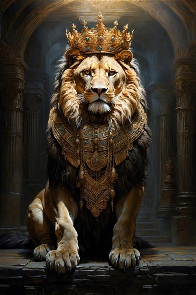 تصویر ایستاده شیر سلطنتی با گردنبند و تاج طلا، مناسب برای چاپ روی تابلوهای دکوراتیو عریض و کاغذ دیواری سالن‌های کنفرانس