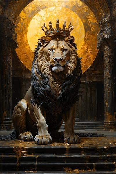 پوستر دیواری مجلل شیر پادشاه با تاج جواهرنشان در تالار باستانی، انتخابی خیره‌کننده برای دکوراسیون لابی هتل و پشت میز مدیریت