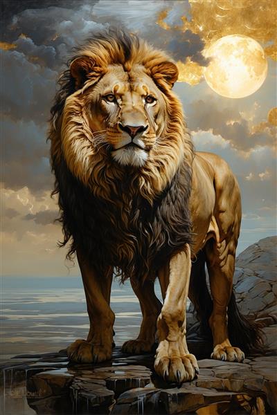 شیر با ابهت در نور ماه کامل و ساحل صخره‌ای، طرحی دراماتیک برای کاغذ دیواری سالن پذیرایی، اتاق مطالعه و دیوار پشت تخت خواب