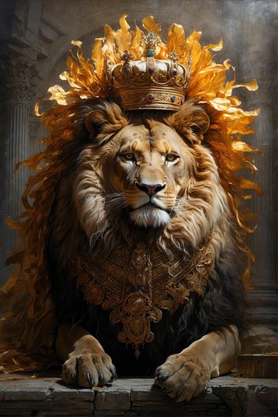 پوستر سلطنتی شیر با تاج پادشاهی و یال‌های پر مانند طلایی، ایده‌آل برای چاپ روی دفترچه، جلد کتاب و تابلوهای لوکس تالارهای پذیرایی