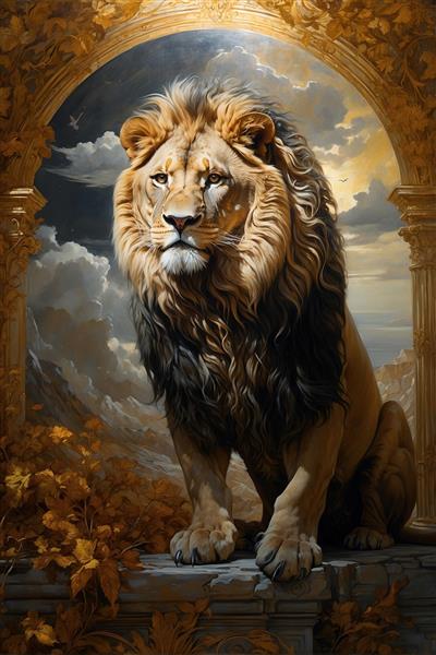 منظره شیر در قاب سنگی رومی با ویوی کوهستان و ابر، مناسب برای پوستر دیواری پذیرایی کلاسیک و راهروهای عریض هتل‌ها