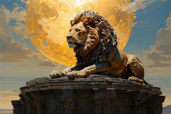 تصویر شیر بر روی سکوی سنگی با پس‌زمینه ماه بزرگ و طلایی، طرحی رویایی برای پوستر دیواری سه بعدی اتاق خواب و فضای مدیتیشن