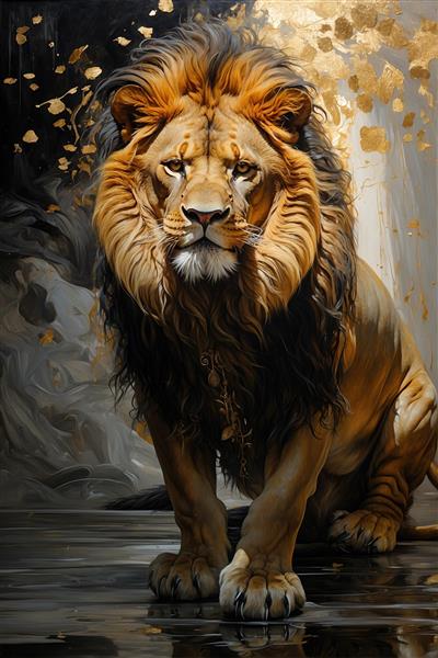 نقاشی مدرن شیر با المان‌های انتزاعی طلایی و مشکی، مناسب برای تابلو دکوراتیو مدرن و دیوارپوش‌های خاص در سالن‌های آرایش مردانه و بوتیک‌ها