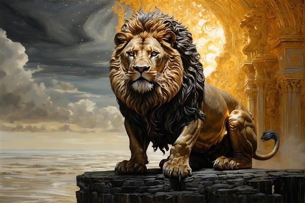 تصویر شیر قدرتمند در مقابل درگاه سنگی باستانی و منظره دریا، انتخابی عالی برای پوستر دیواری پذیرایی ویلا و سالن‌های ورزشی مجلل