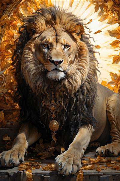 طرح گرافیکی شیر در میان برگ‌های پاییزی طلایی با نورپردازی خیره‌کننده، ویژه کاغذ دیواری سه بعدی و پوستر عمودی برای راهرو و اتاق خواب