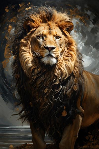 نقاشی دیجیتال هنری شیر با یال‌های بلند و تزیینات جواهر پادشاهی، طرحی خلاقانه برای چاپ روی پرده، روتختی بزرگسال و کوسن‌های فانتزی نشیمن