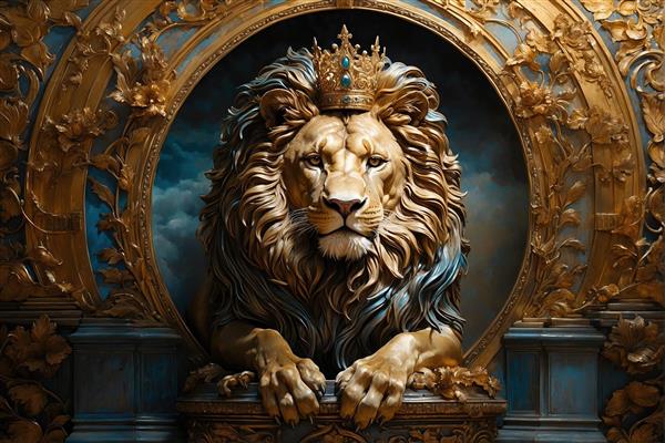 پوستر سه بعدی لوکس سر شیر با تاج پادشاهی در قاب دکوراتیو طلایی کلاسیک، مناسب برای دکوراسیون لابی هتل، دفتر مدیرعامل و دیوار پشت میز منشی