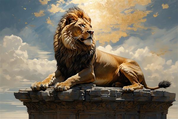 تصویر باشکوه شیر ایستاده بر فراز صخره با پس‌زمینه آسمان ابری و نور ملایم خورشید، ایده‌آل برای پوستر دیواری پذیرایی و اتاق مدیریت و چاپ روی تابلوهای دکوراتیو لوکس