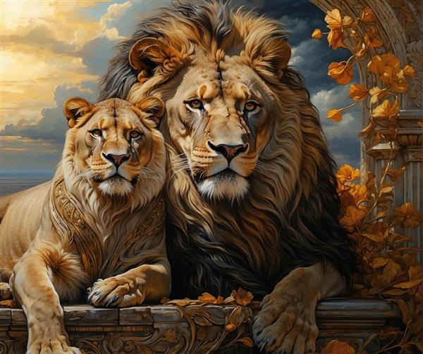 پوستر دیواری طرح شیر و ماده در میان گل های پاییزی و ستون های سنگی، نماد قدرت و عشق برای اتاق خواب، پذیرایی و دفتر کار