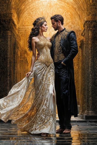 تصویر ملکه و پادشاه در راهروی ستون‌دار باستانی ویژه پوستر دیواری سه بعدی، تابلوهای دیواری بزرگ و دکوراسیون داخلی منازل ویلایی و لوکس