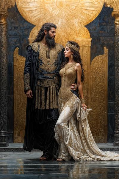 طرح پوستر دیواری زوج سلطنتی در آستانه درگاه طلایی مناسب برای تزیین پشت تخت خواب و سالن های زیبایی، قاب دکوراتیو و چاپ روی فرش