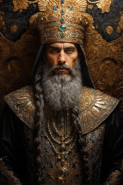 نقاشی دیجیتال پادشاه صاحب قران با ریش بلند و تاج مرصع برای چاپ پوستر دیواری عریض و تابلوهای هنری لابی هتل و اقامتگاه های بومگردی