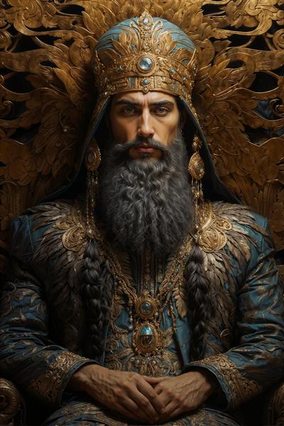 پوستر دیواری هنری طرح امپراتور باستانی با جزییات لباس ابریشمی و تاج فیروزه نشان مناسب برای فضاهای سنتی، کافه ها و اتاق نشیمن