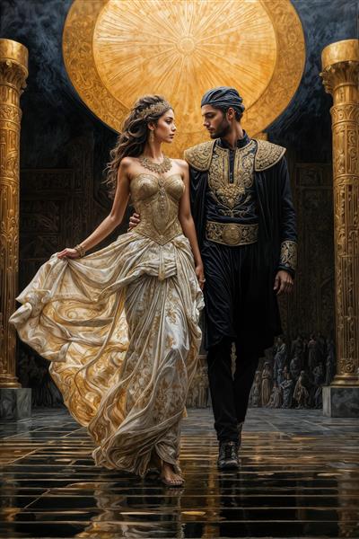 طرح رمانتیک راه رفتن ملکه و پادشاه در عمارت باشکوه باستانی ویژه پوستر دیواری سالن پذیرایی، چاپ پارچه، کوسن و محصولات دکوراتیو لوکس