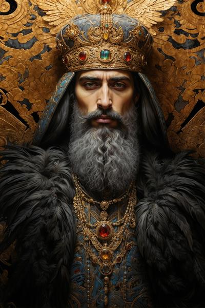 تصویر باکیفیت پرتره پادشاه مقتدر با لباس خز و تاج جواهرنشان برای پوستر دیواری کلاسیک و دکوراسیون دفتر کار مدیرعامل و قاب عکس لوکس